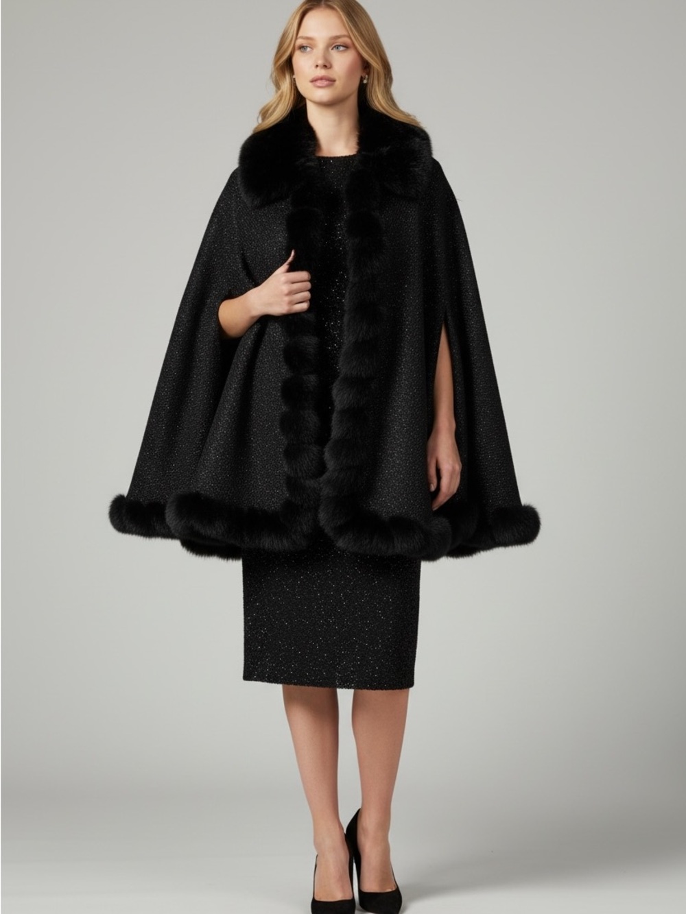 Vince Camuto Black Faux Fur Trim Cape Coat, new